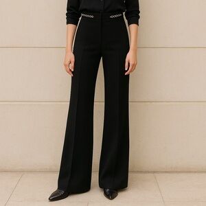 Gerard Darel Women Hi-Rise Diamond Chain-Trim Wide Leg Tuxedo Pants Size 38/US 6
